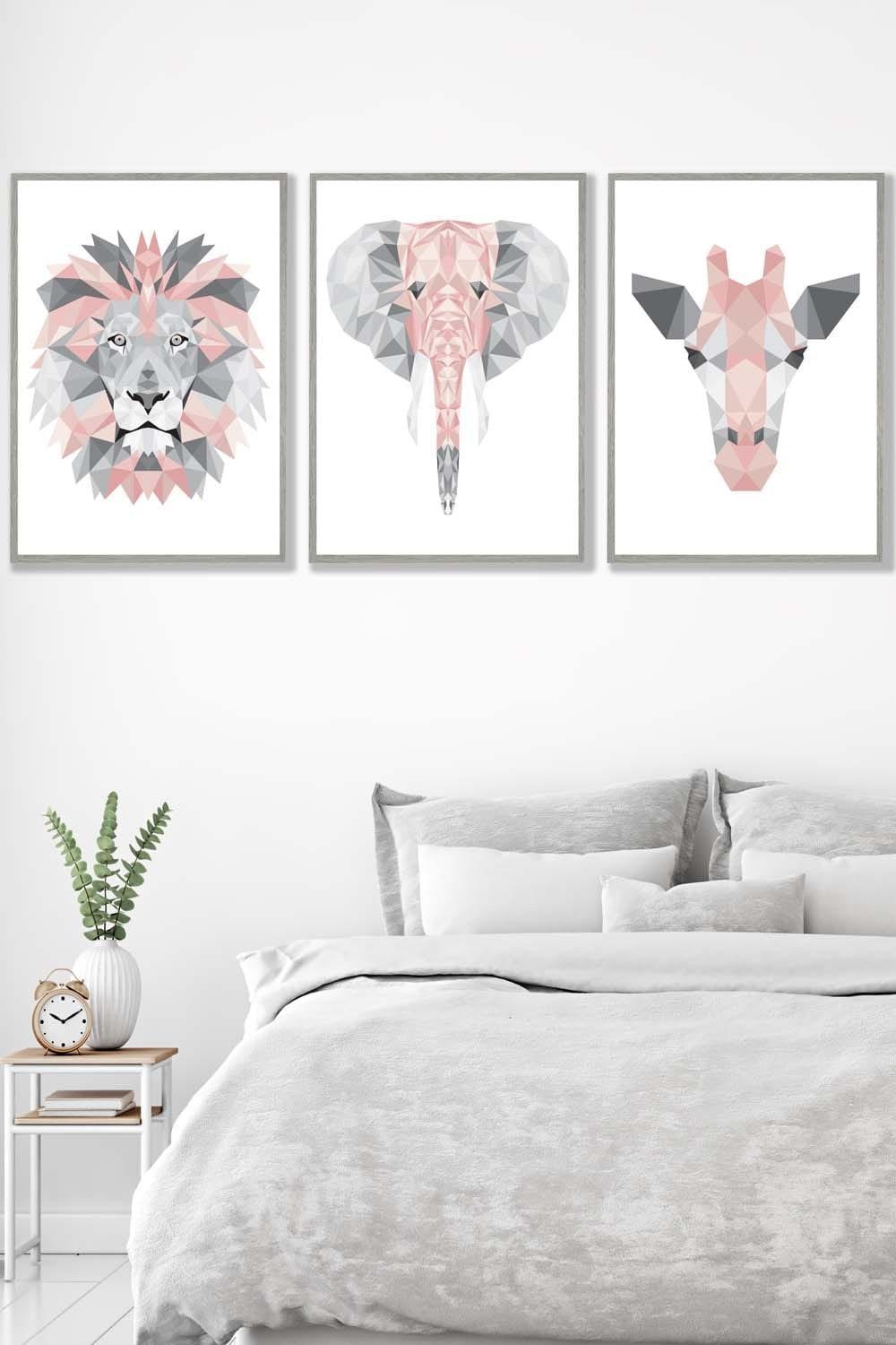 Geometric Pink Grey Jungle Animal Heads Framed Wall Art - Large